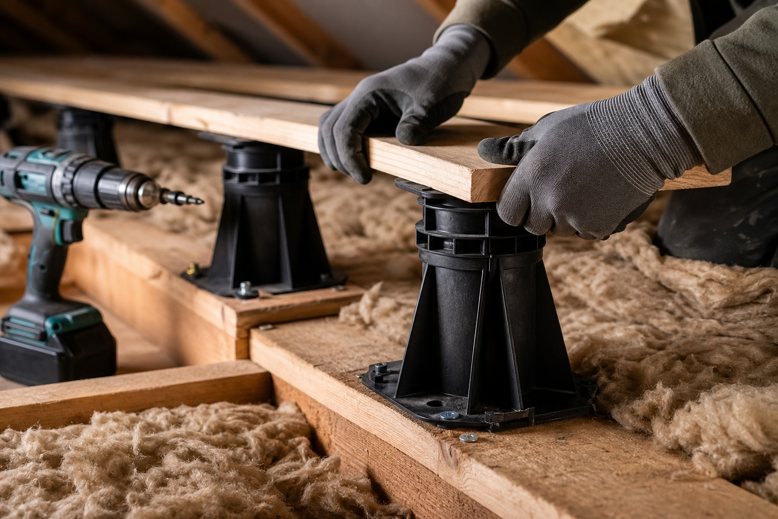 Fixing a timber batten onto LoftRise loft stilts during installation