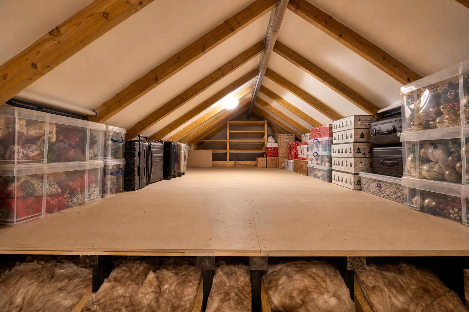 Organised loft storage space built on the LoftRise raised floor system